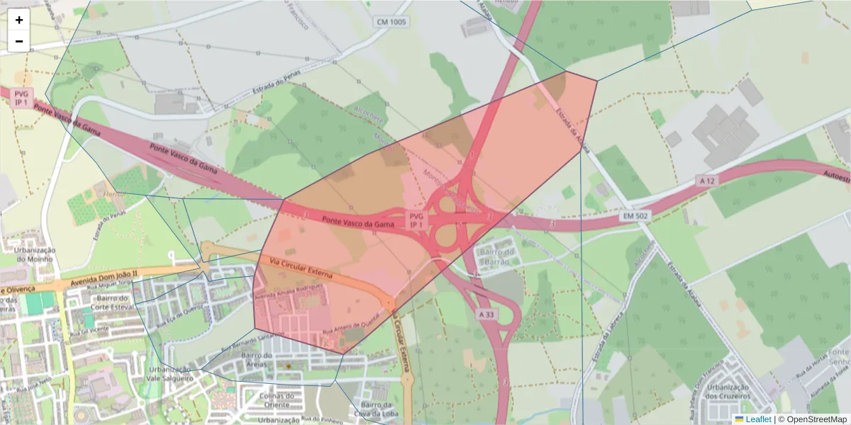 Mapa detalhado do código postal 2870-073 com limites, códigos postais vizinhos e agências dos correios