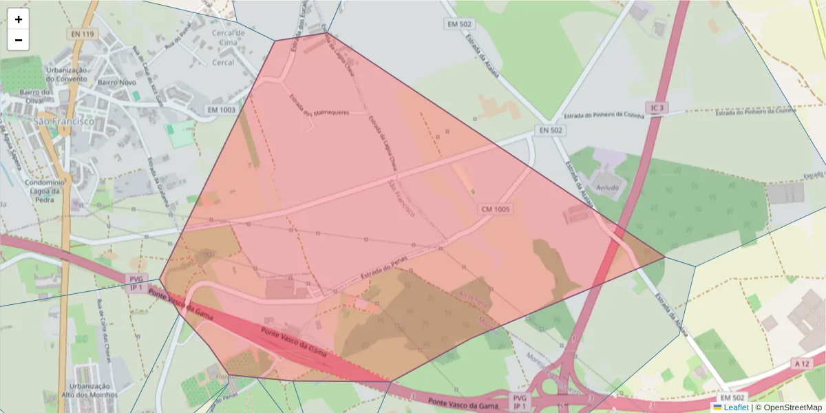 Mapa detalhado do código postal 2870-092 com limites, códigos postais vizinhos e agências dos correios