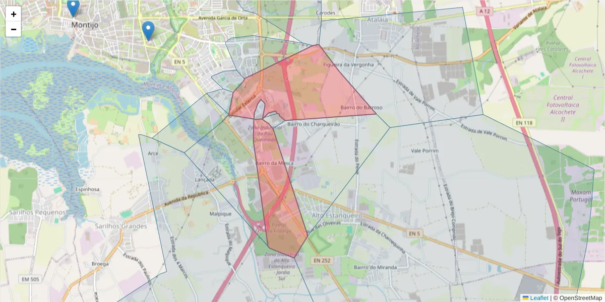 Mapa detalhado do código postal 2870-100 com limites, códigos postais vizinhos e agências dos correios