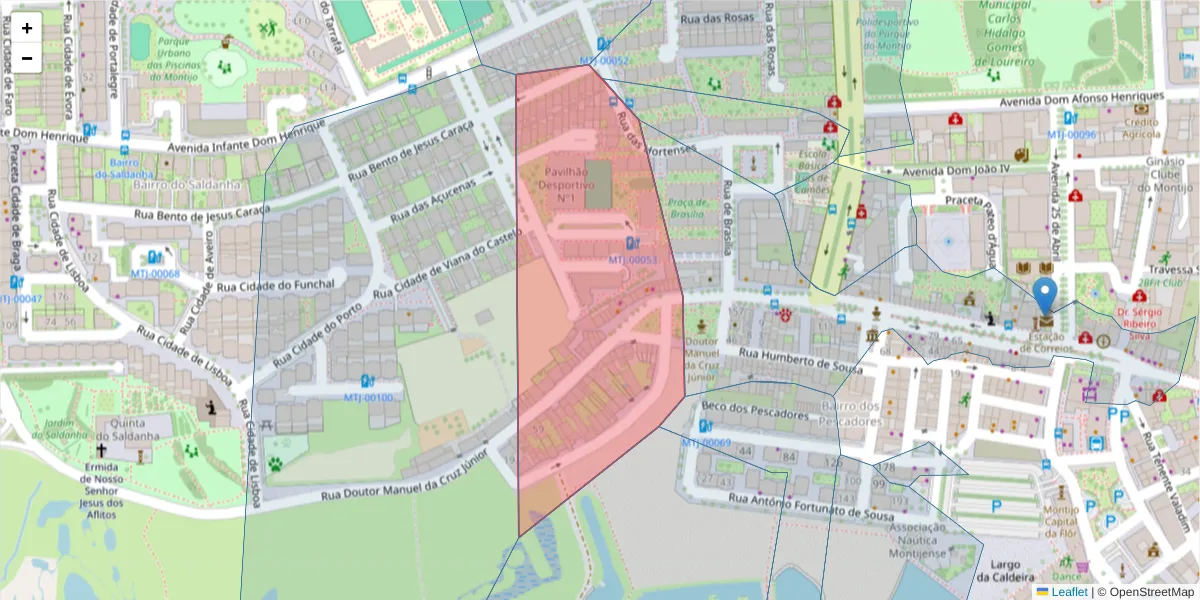 Mapa detalhado do código postal 2870-121 com limites, códigos postais vizinhos e agências dos correios