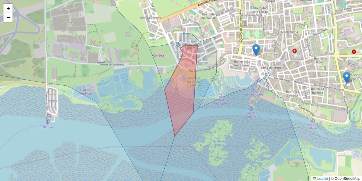 Mapa detalhado do código postal 2870-139 com limites, códigos postais vizinhos e agências dos correios