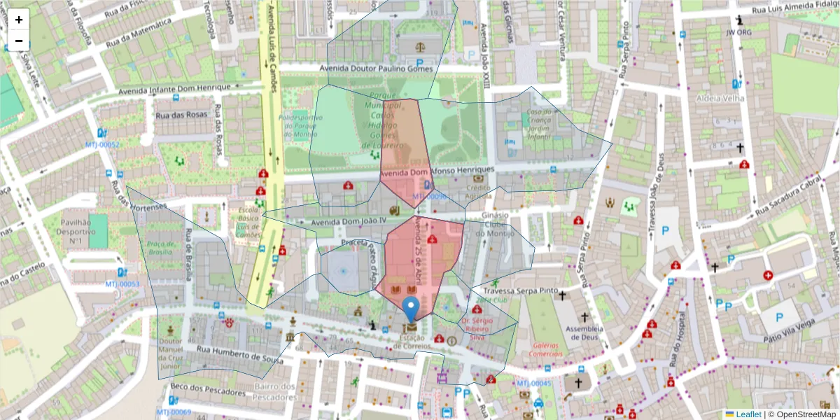 Mapa detalhado do código postal 2870-150 com limites, códigos postais vizinhos e agências dos correios