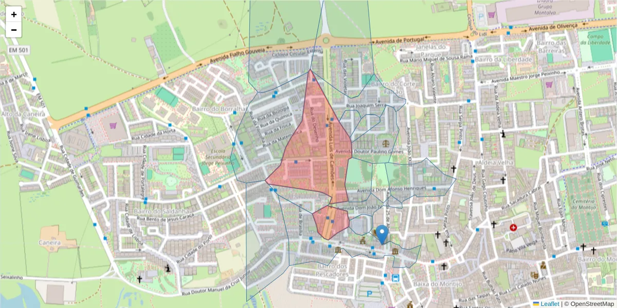 Mapa detalhado do código postal 2870-163 com limites, códigos postais vizinhos e agências dos correios