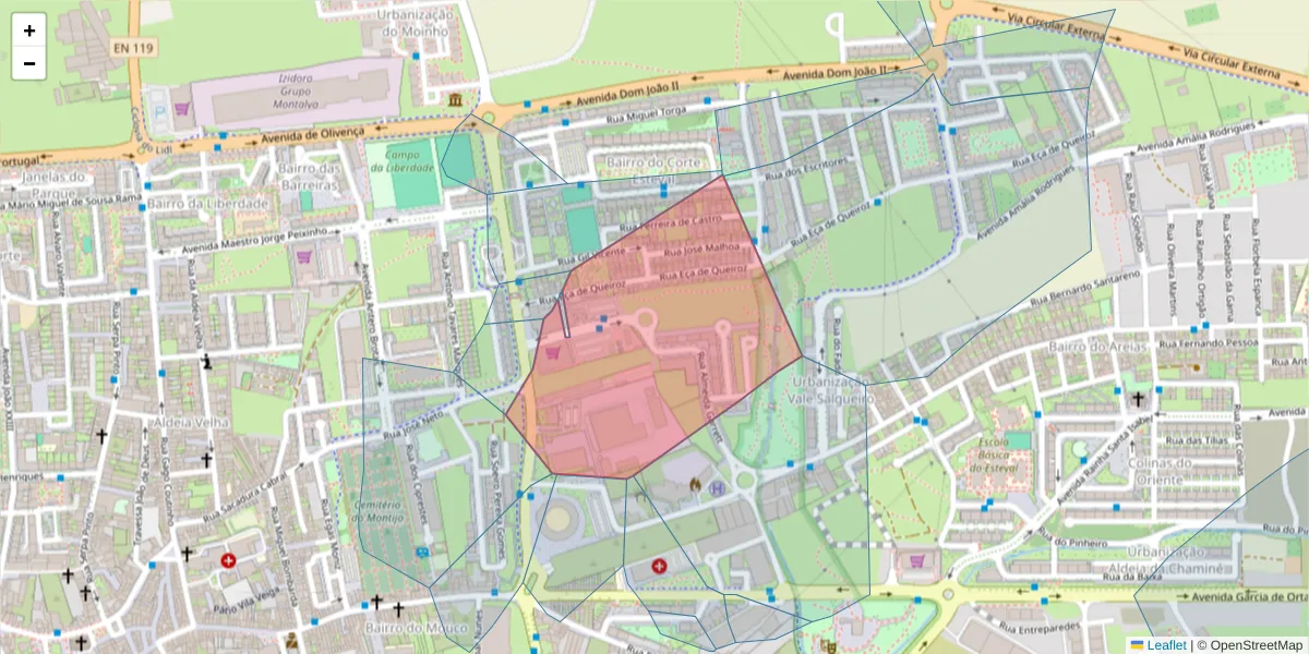 Mapa detalhado do código postal 2870-224 com limites, códigos postais vizinhos e agências dos correios
