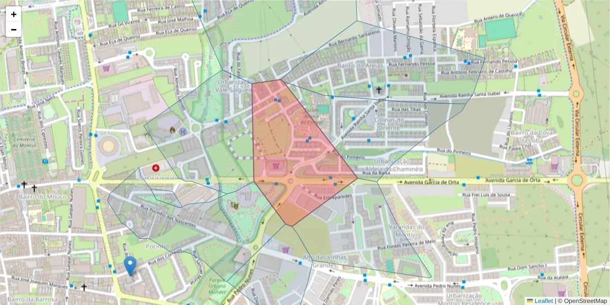 Mapa detalhado do código postal 2870-231 com limites, códigos postais vizinhos e agências dos correios