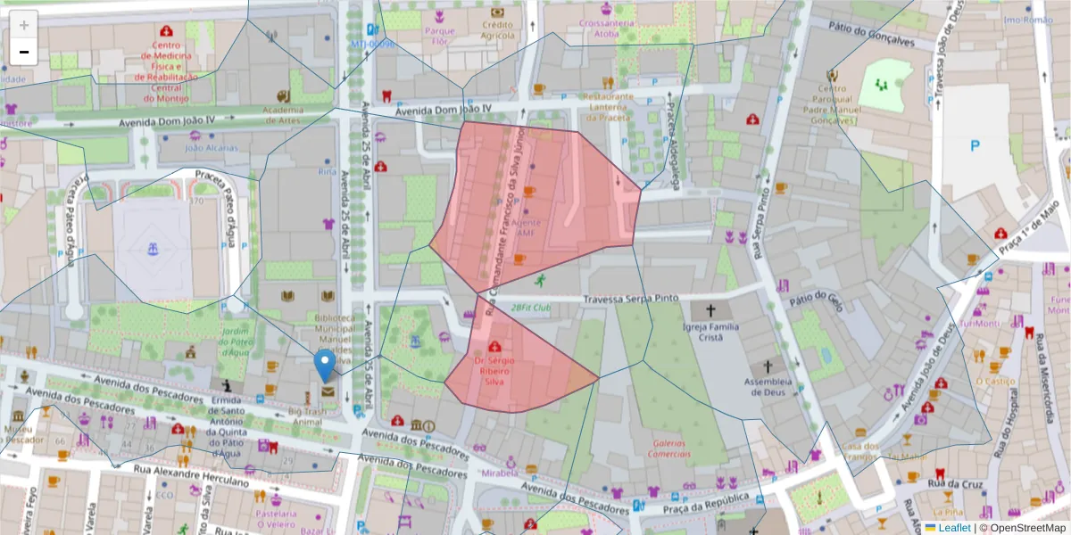 Mapa detalhado do código postal 2870-264 com limites, códigos postais vizinhos e agências dos correios