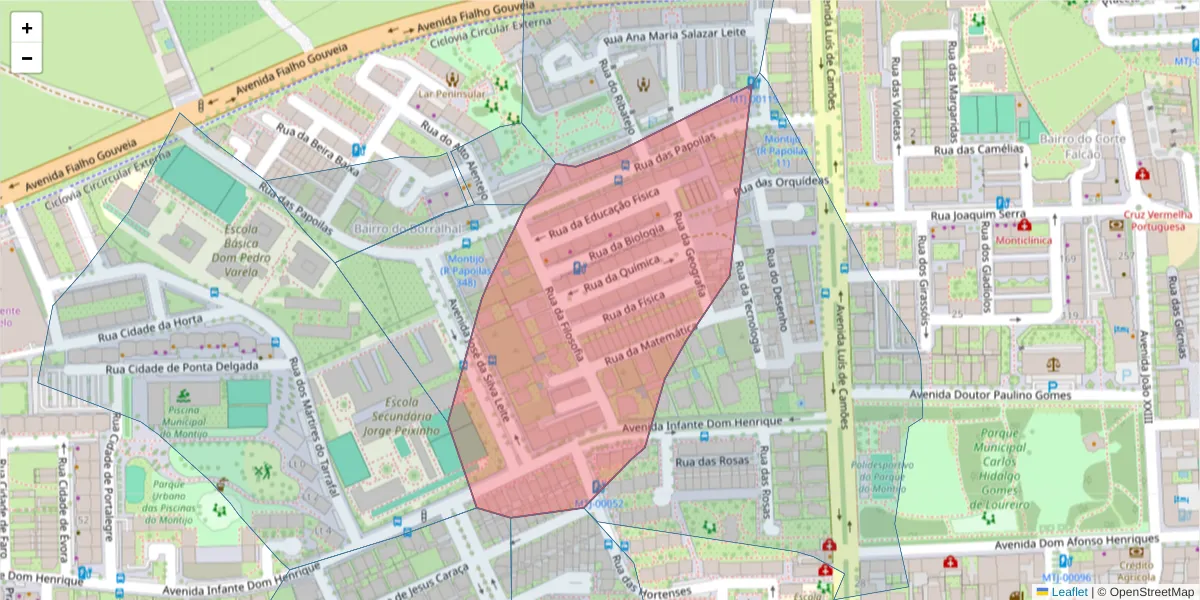 Mapa detalhado do código postal 2870-271 com limites, códigos postais vizinhos e agências dos correios