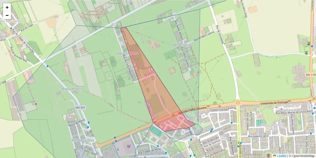 Mapa detalhado do código postal 2870-301 com limites, códigos postais vizinhos e agências dos correios