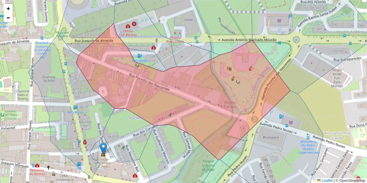 Mapa detalhado do código postal 2870-307 com limites, códigos postais vizinhos e agências dos correios