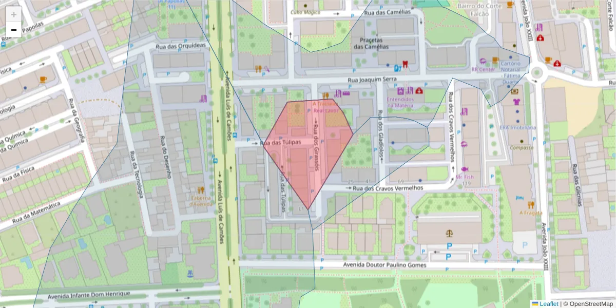 Mapa detalhado do código postal 2870-314 com limites, códigos postais vizinhos e agências dos correios