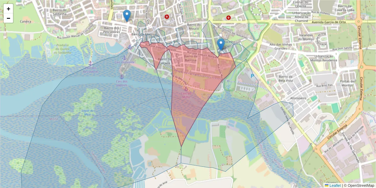 Mapa detalhado do código postal 2870-348 com limites, códigos postais vizinhos e agências dos correios