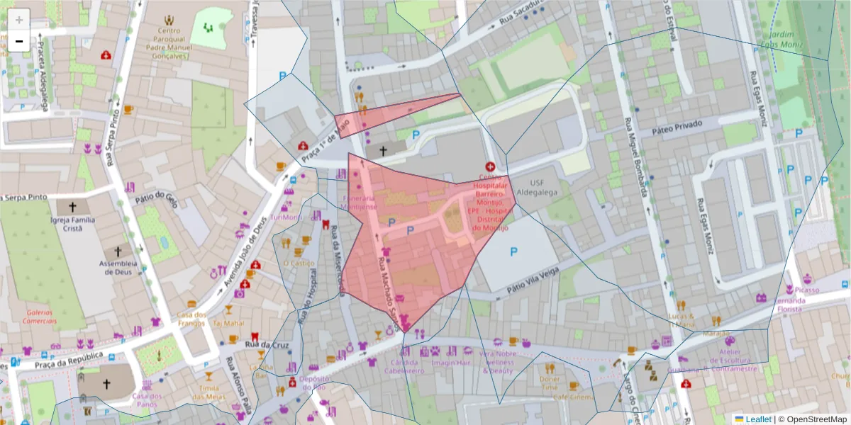 Mapa detalhado do código postal 2870-351 com limites, códigos postais vizinhos e agências dos correios