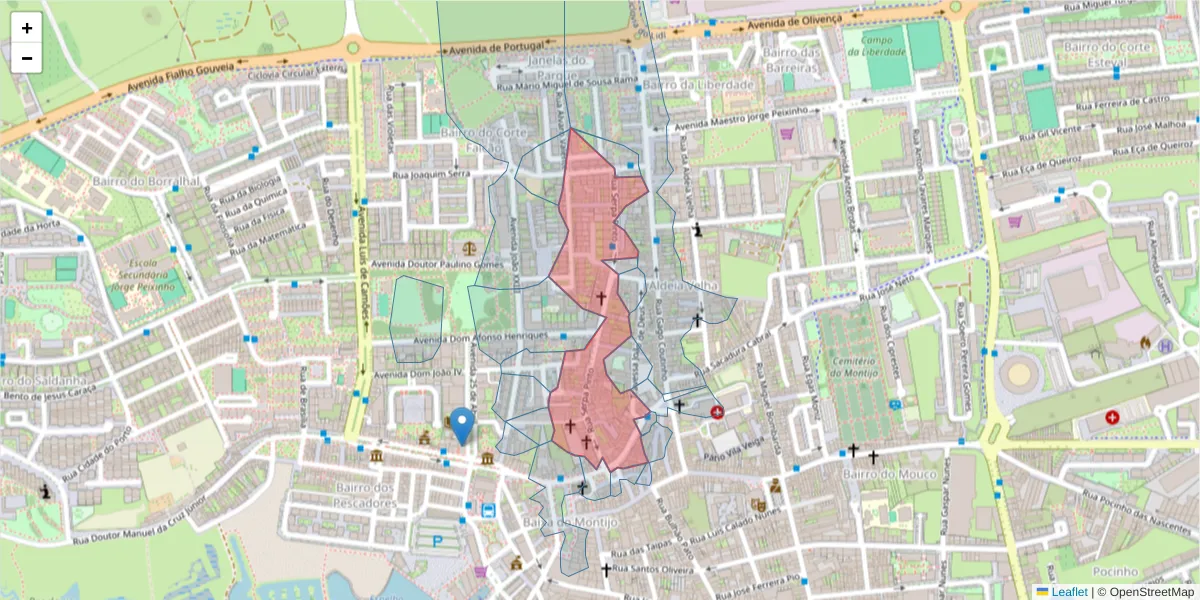 Mapa detalhado do código postal 2870-363 com limites, códigos postais vizinhos e agências dos correios