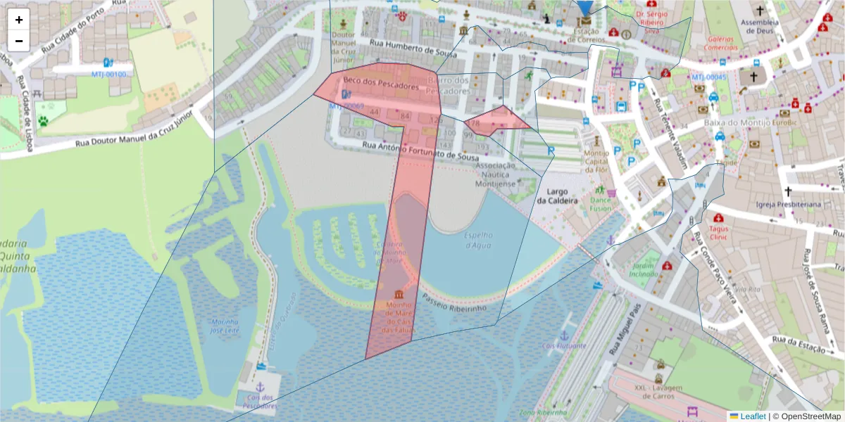 Mapa detalhado do código postal 2870-413 com limites, códigos postais vizinhos e agências dos correios