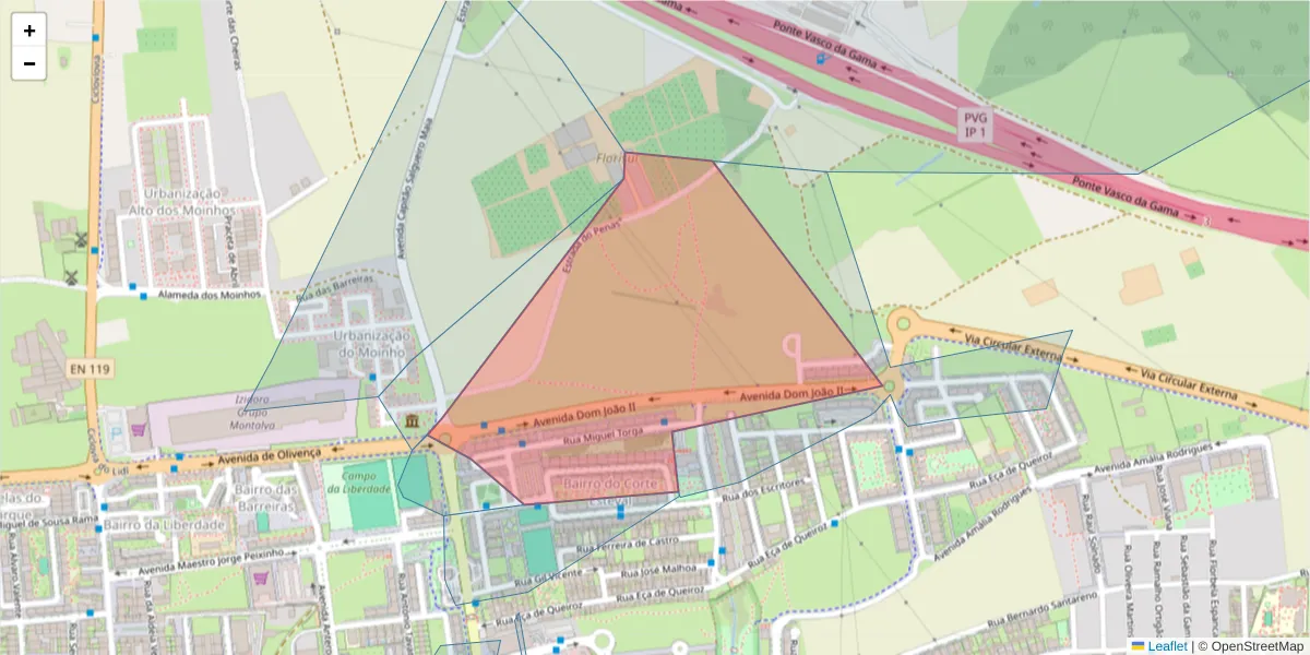 Mapa detalhado do código postal 2870-415 com limites, códigos postais vizinhos e agências dos correios