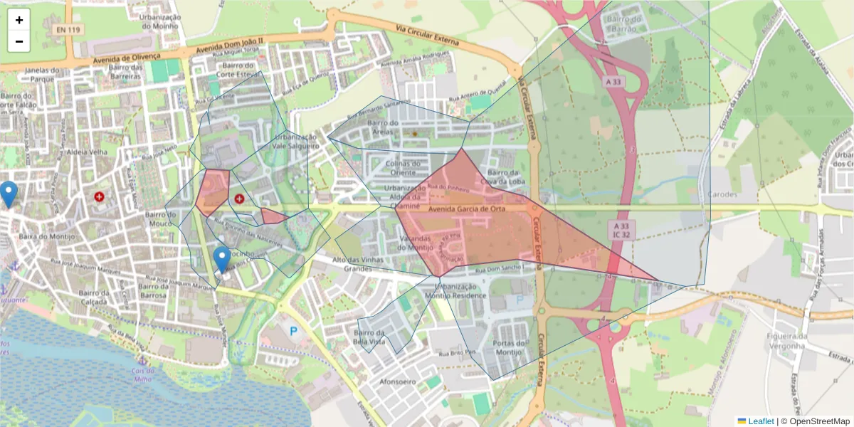 Mapa detalhado do código postal 2870-417 com limites, códigos postais vizinhos e agências dos correios