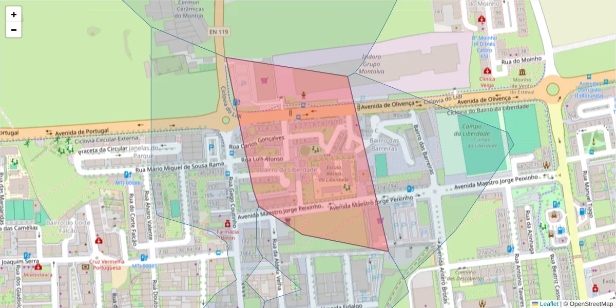 Mapa detalhado do código postal 2870-426 com limites, códigos postais vizinhos e agências dos correios