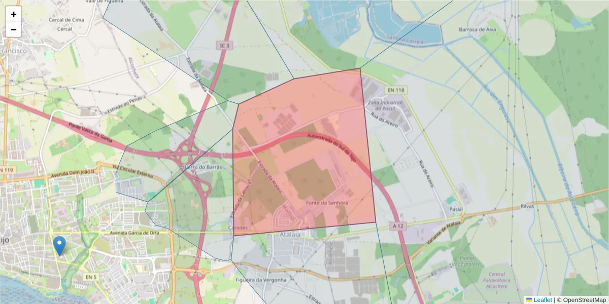 Mapa detalhado do código postal 2870-438 com limites, códigos postais vizinhos e agências dos correios