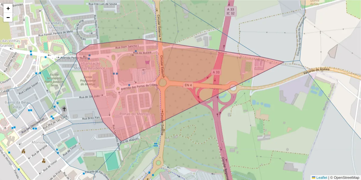 Mapa detalhado do código postal 2870-447 com limites, códigos postais vizinhos e agências dos correios