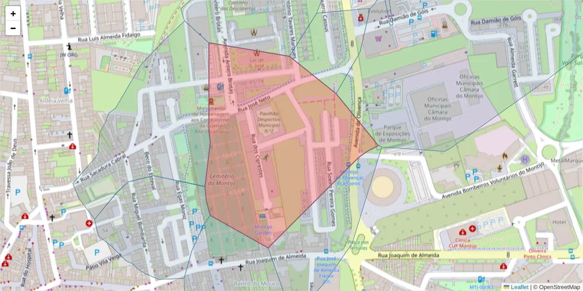 Mapa detalhado do código postal 2870-450 com limites, códigos postais vizinhos e agências dos correios