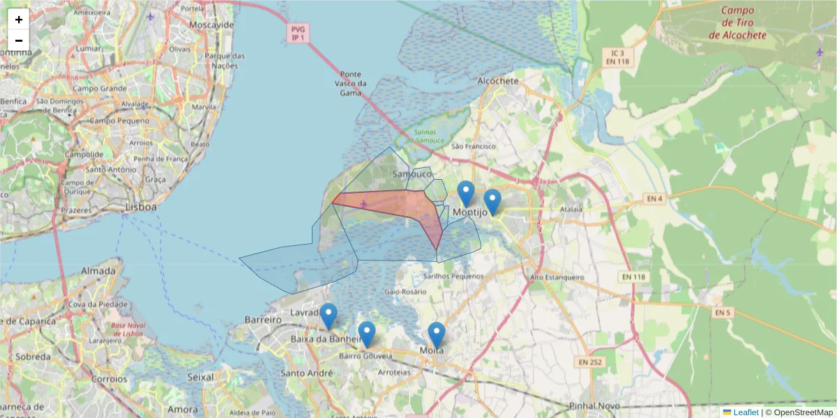 Mapa detalhado do código postal 2870-491 com limites, códigos postais vizinhos e agências dos correios
