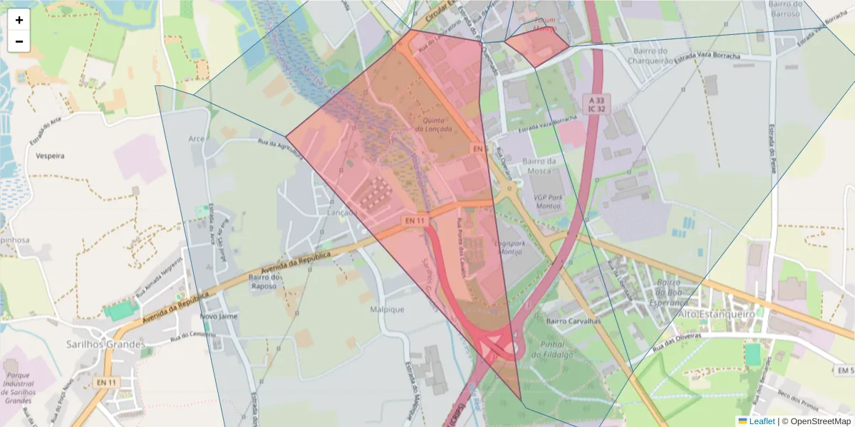 Mapa detalhado do código postal 2870-500 com limites, códigos postais vizinhos e agências dos correios