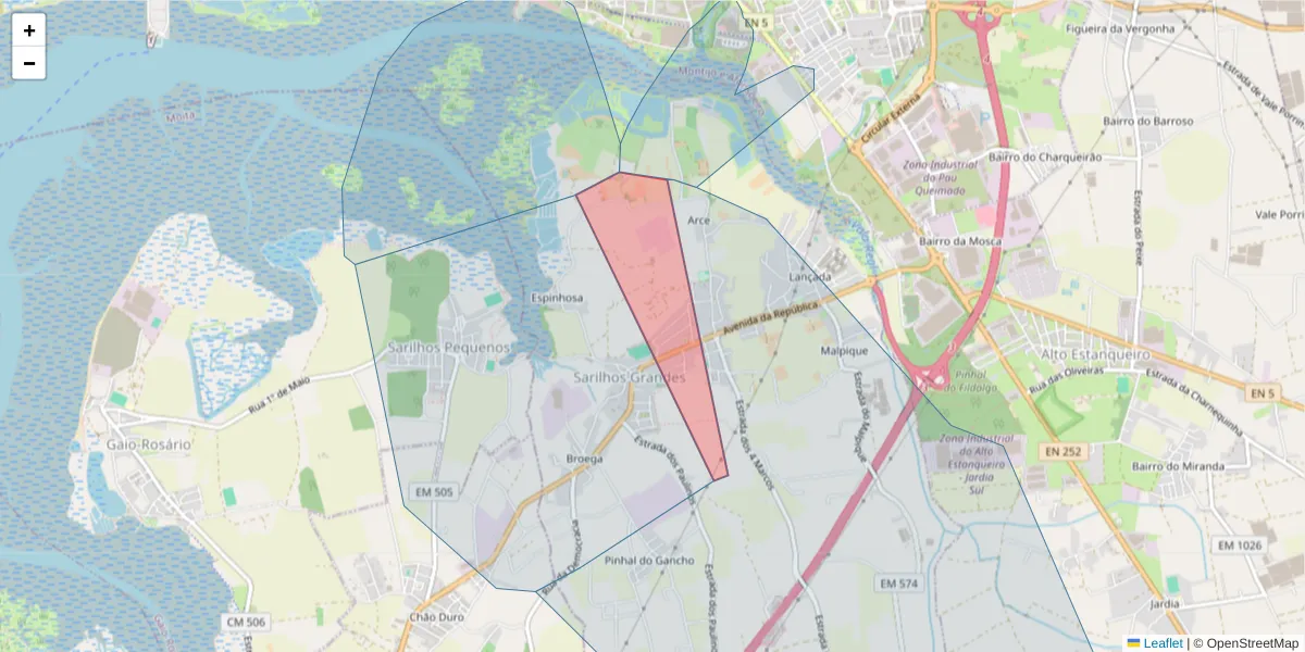 Mapa detalhado do código postal 2870-517 com limites, códigos postais vizinhos e agências dos correios