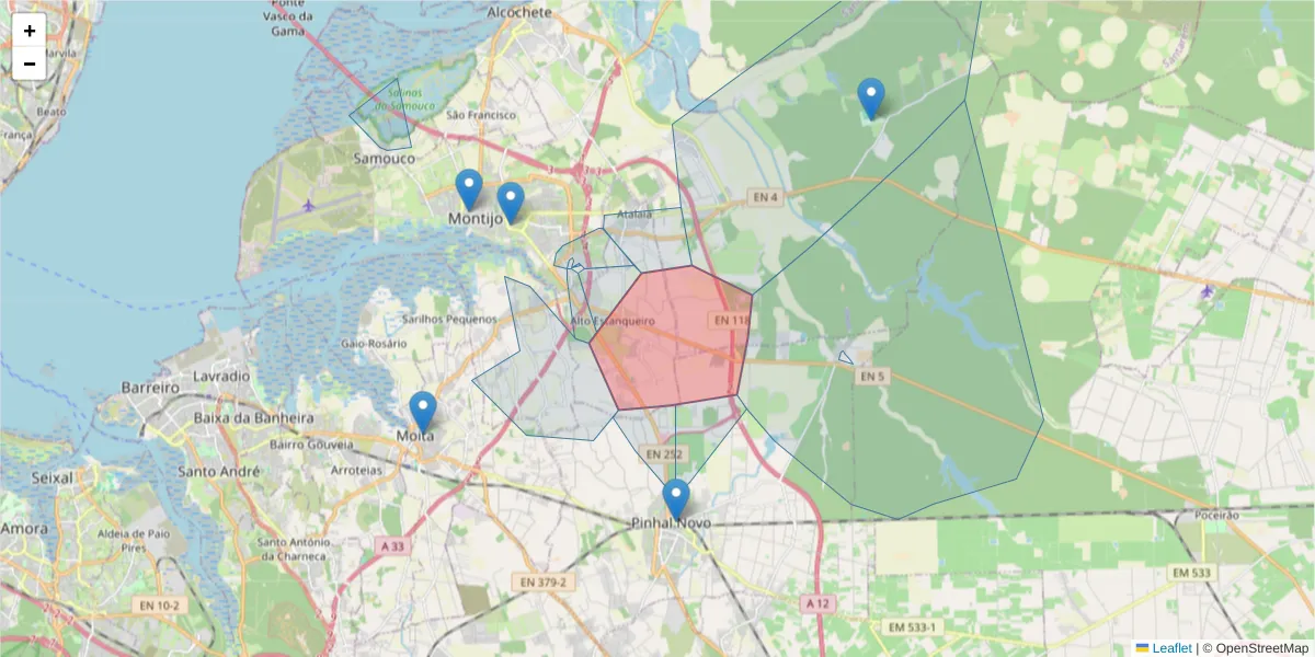 Mapa detalhado do código postal 2870-640 com limites, códigos postais vizinhos e agências dos correios