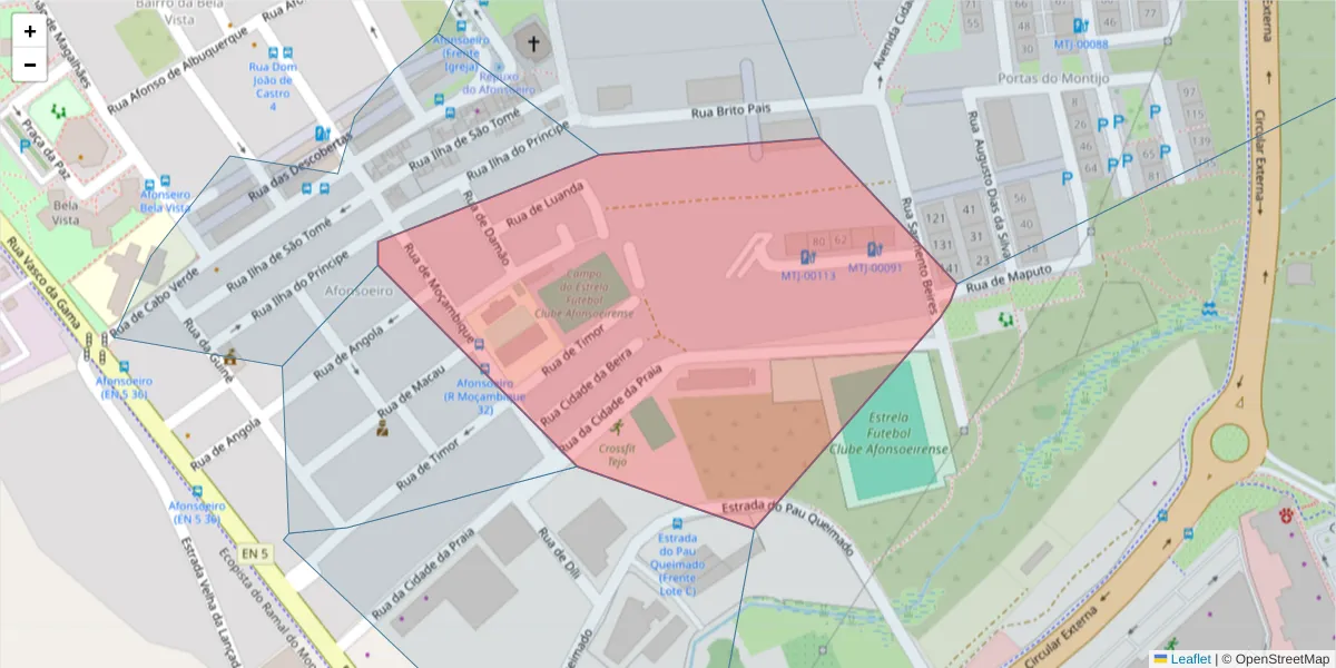 Mapa detalhado do código postal 2870-818 com limites, códigos postais vizinhos e agências dos correios