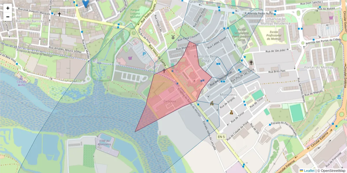 Mapa detalhado do código postal 2870-861 com limites, códigos postais vizinhos e agências dos correios