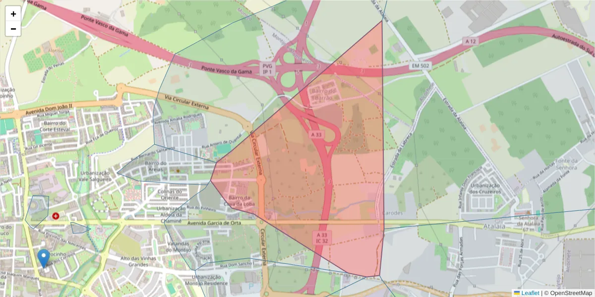 Mapa detalhado do código postal 2870 com limites, códigos postais vizinhos e agências dos correios