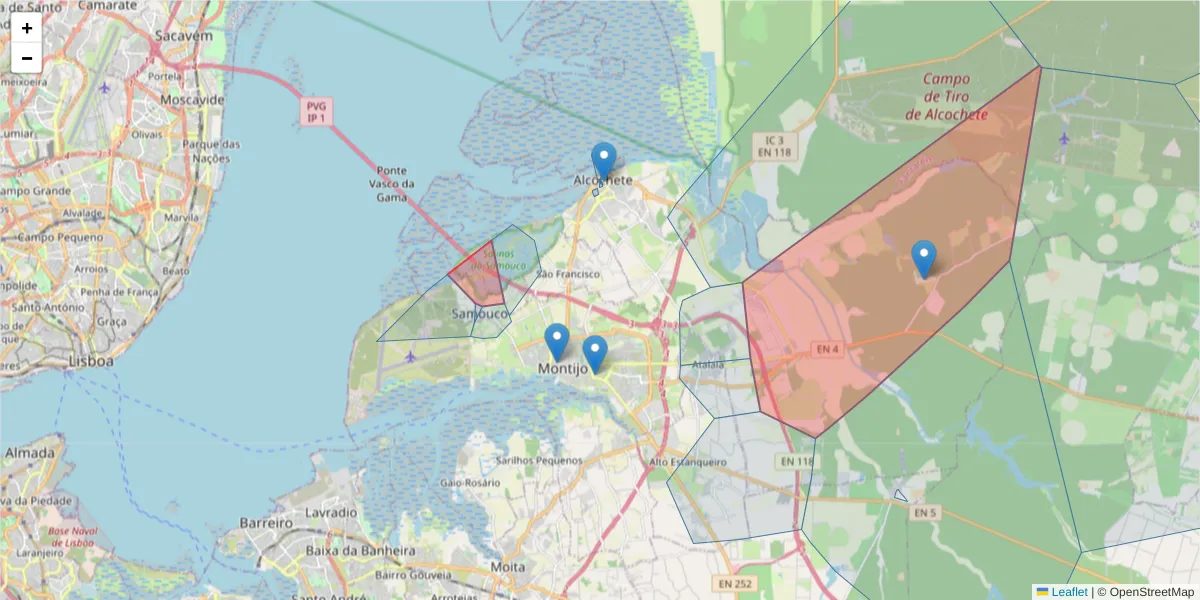 Mapa detalhado do código postal 2890-001 com limites, códigos postais vizinhos e agências dos correios