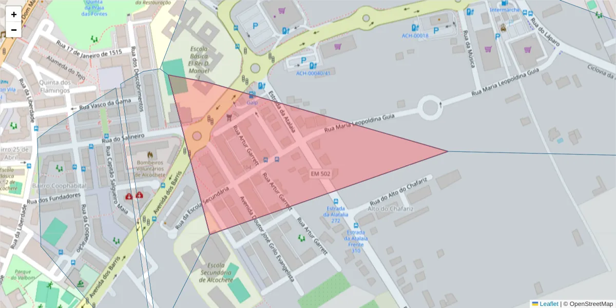 Mapa detalhado do código postal 2890-006 com limites, códigos postais vizinhos e agências dos correios