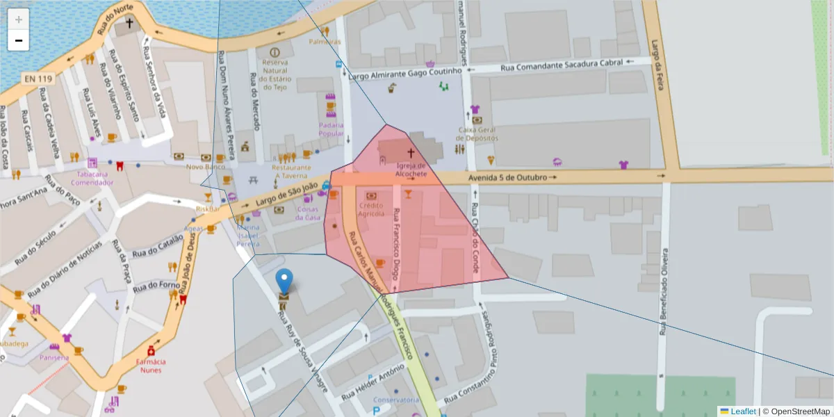 Mapa detalhado do código postal 2890-011 com limites, códigos postais vizinhos e agências dos correios