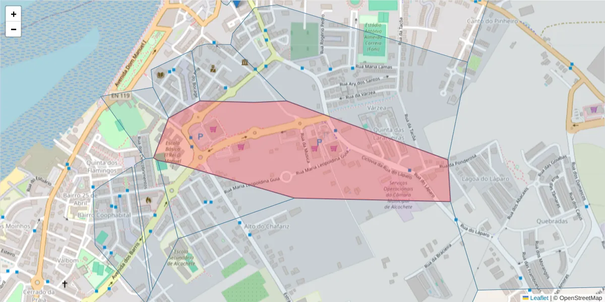 Mapa detalhado do código postal 2890-013 com limites, códigos postais vizinhos e agências dos correios