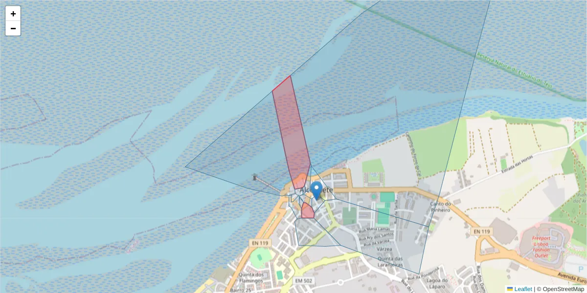 Mapa detalhado do código postal 2890-023 Alcochete com limites, códigos postais vizinhos e agências dos correios