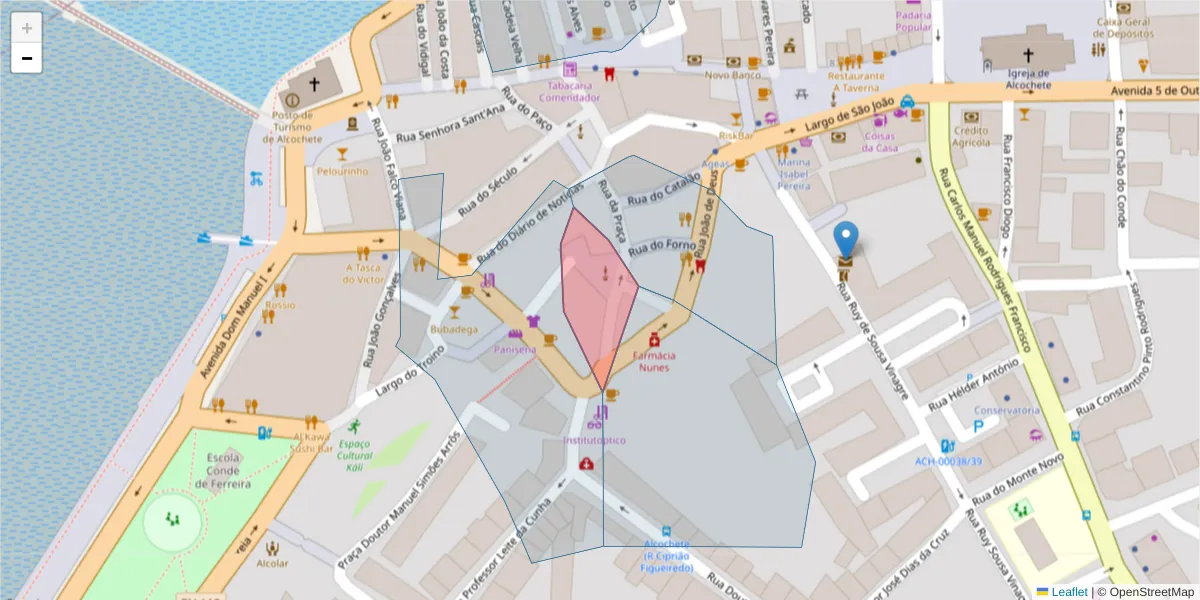 Mapa detalhado do código postal 2890-023 com limites, códigos postais vizinhos e agências dos correios