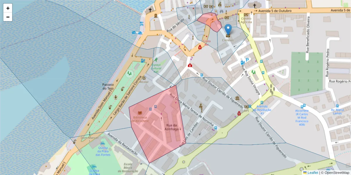 Mapa detalhado do código postal 2890-027 com limites, códigos postais vizinhos e agências dos correios