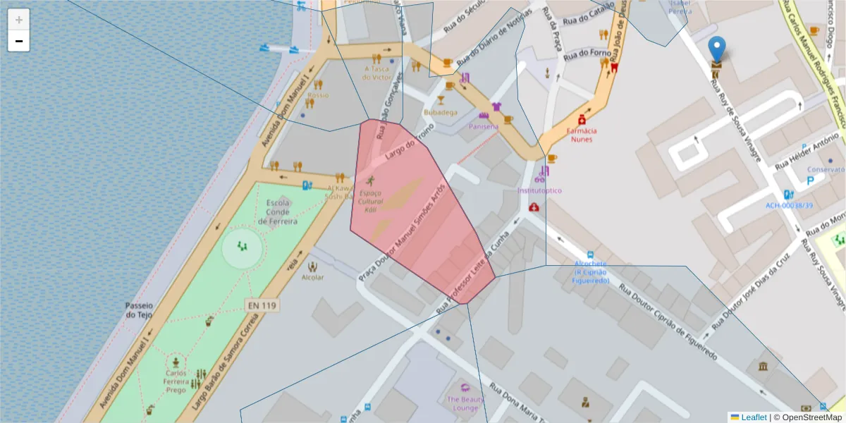 Mapa detalhado do código postal 2890-030 com limites, códigos postais vizinhos e agências dos correios