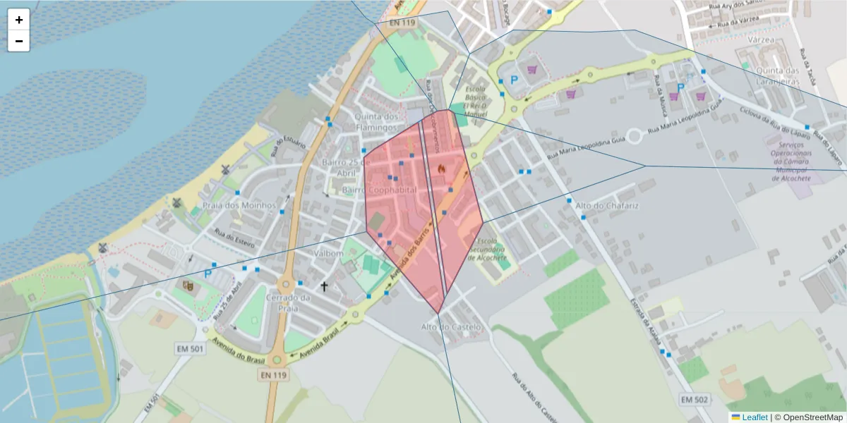 Mapa detalhado do código postal 2890-041 com limites, códigos postais vizinhos e agências dos correios