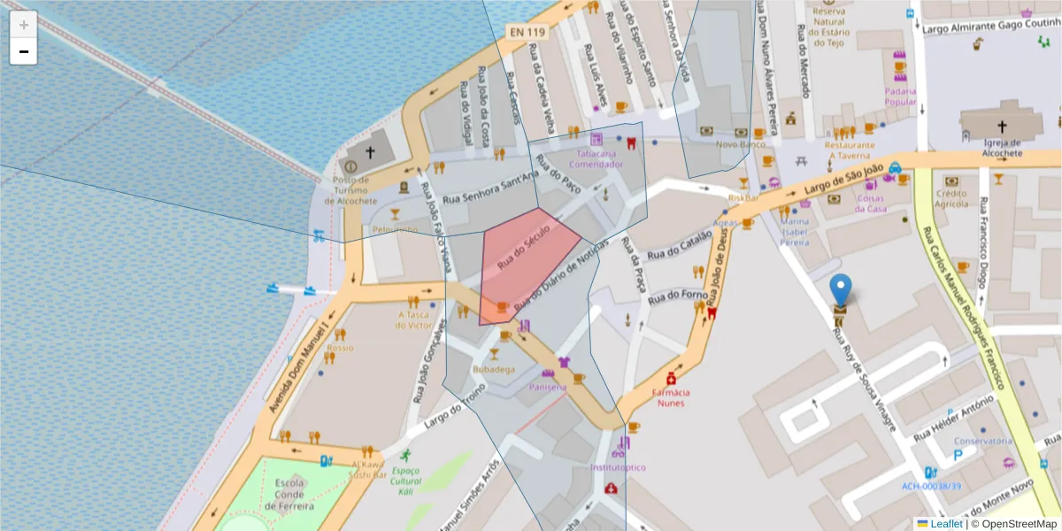 Mapa detalhado do código postal 2890-055 com limites, códigos postais vizinhos e agências dos correios