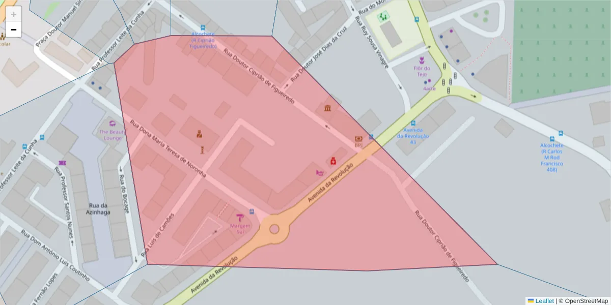 Mapa detalhado do código postal 2890-070 com limites, códigos postais vizinhos e agências dos correios