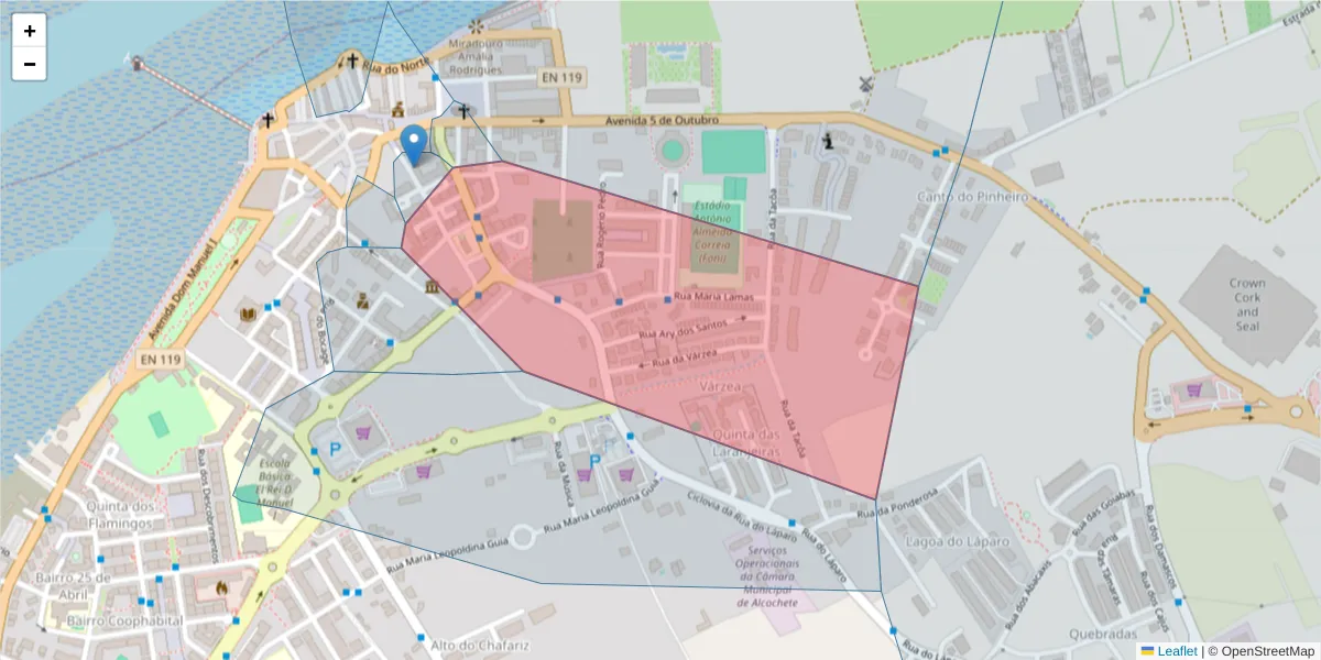 Mapa detalhado do código postal 2890-076 com limites, códigos postais vizinhos e agências dos correios