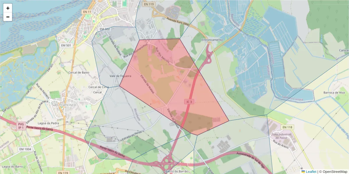 Mapa detalhado do código postal 2890-190 com limites, códigos postais vizinhos e agências dos correios