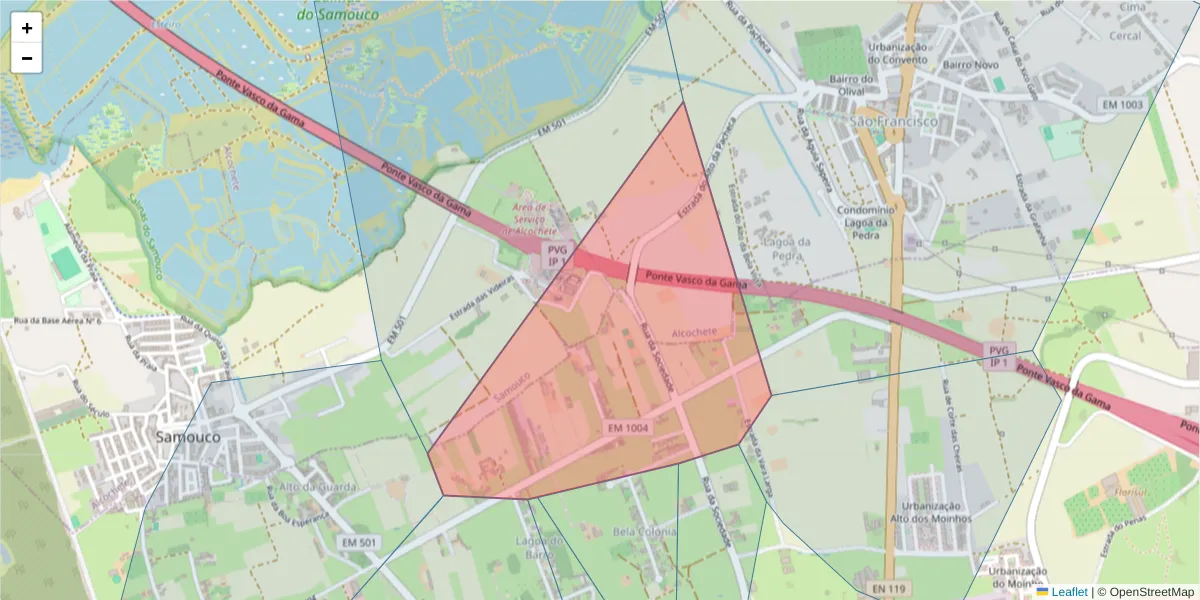 Mapa detalhado do código postal 2890-239 com limites, códigos postais vizinhos e agências dos correios