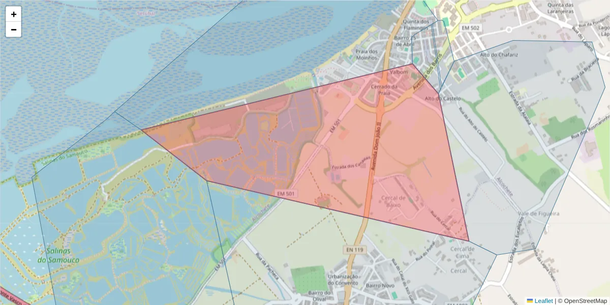 Mapa detalhado do código postal 2890 com limites, códigos postais vizinhos e agências dos correios