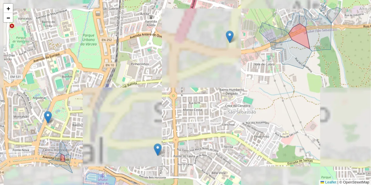 Mapa detalhado do código postal 2900-000 com limites, códigos postais vizinhos e agências dos correios
