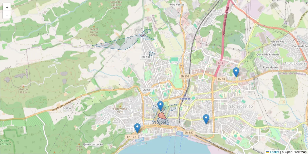 Mapa detalhado do código postal 2900-001 com limites, códigos postais vizinhos e agências dos correios
