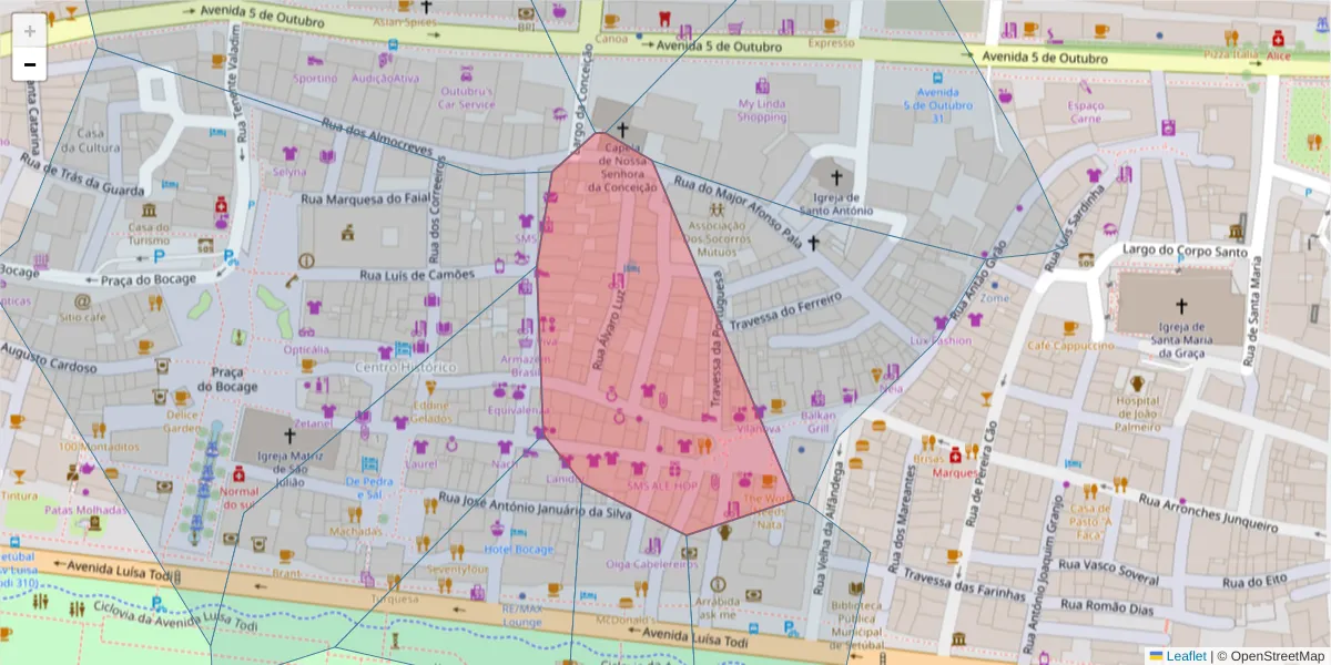 Mapa detalhado do código postal 2900-052 com limites, códigos postais vizinhos e agências dos correios