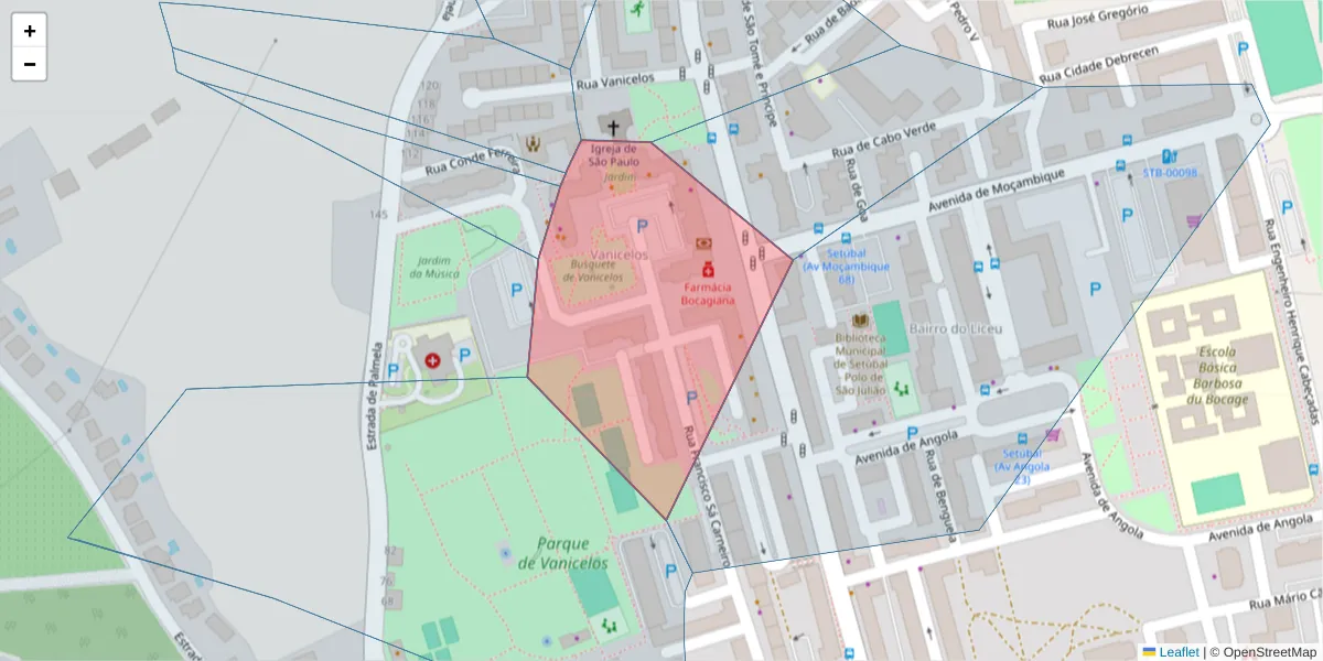 Mapa detalhado do código postal 2900-087 com limites, códigos postais vizinhos e agências dos correios